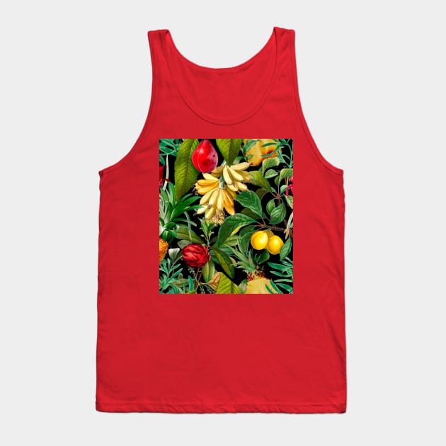 Vibrant tropical floral leaves and fruits floral illustration, botanical pattern, Black fruit pattern over a Tank Top by Zeinab taha